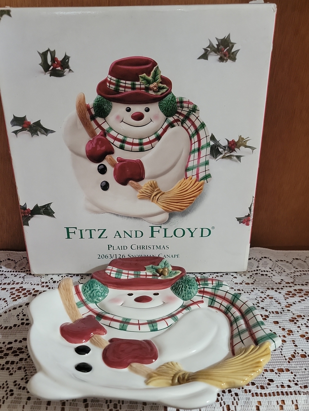 Fitz and Floyd Plaid Christmas Snowman Canape' Plate in Red, Green & Cream